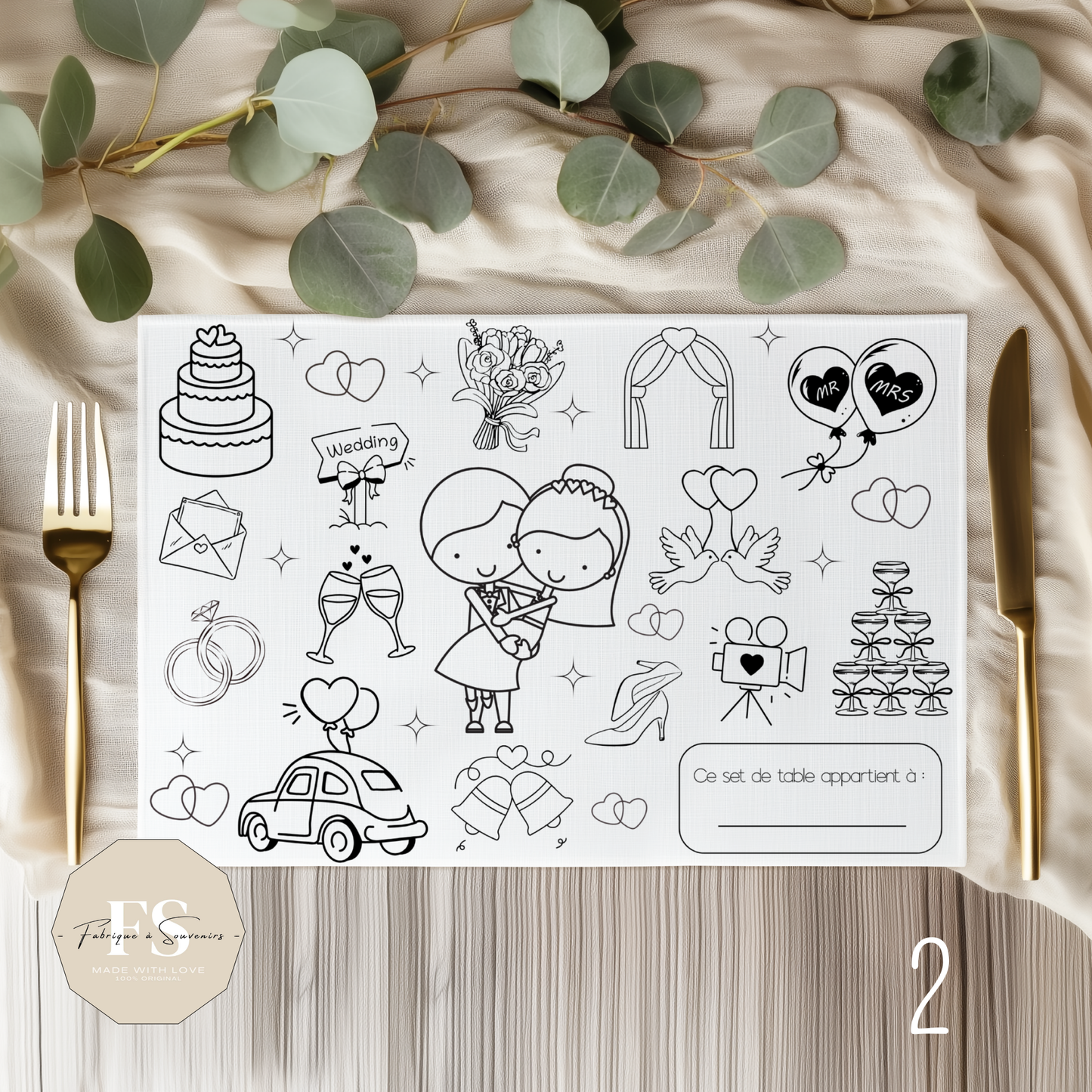 Set de table à colorier Mariage