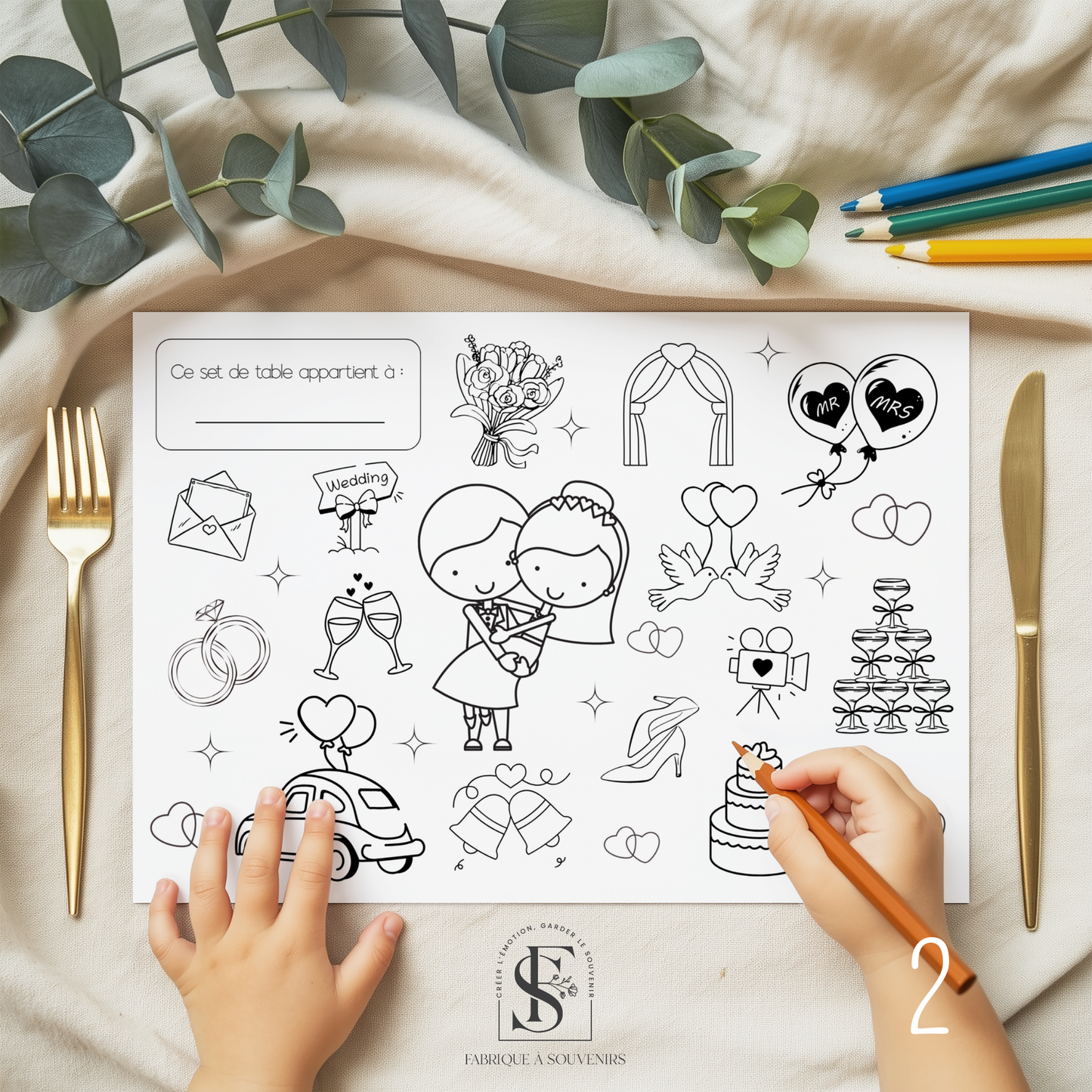 Set de table à colorier Mariage