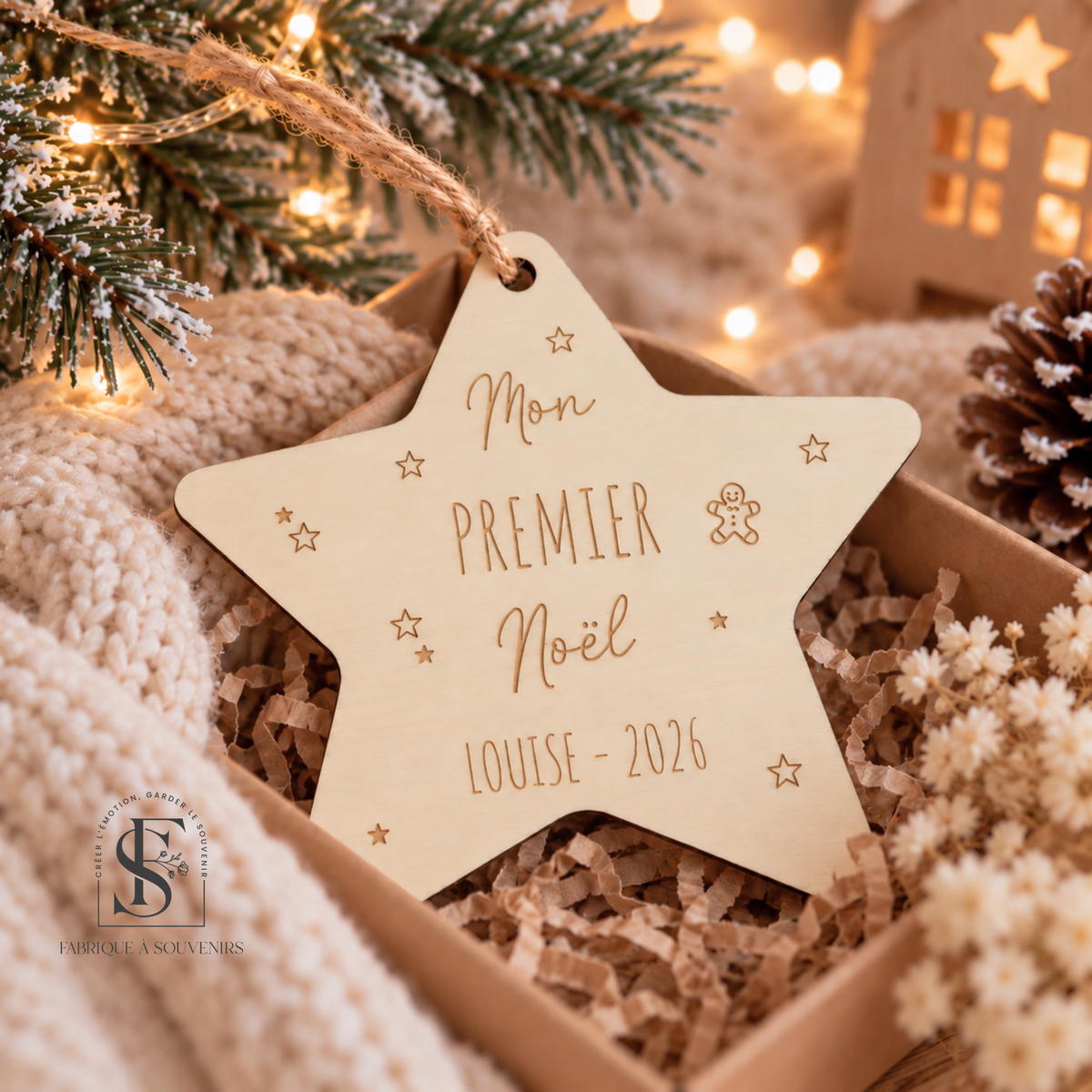Suspension Mon premier Noël personnalisée en bois – Étoile prénom et année