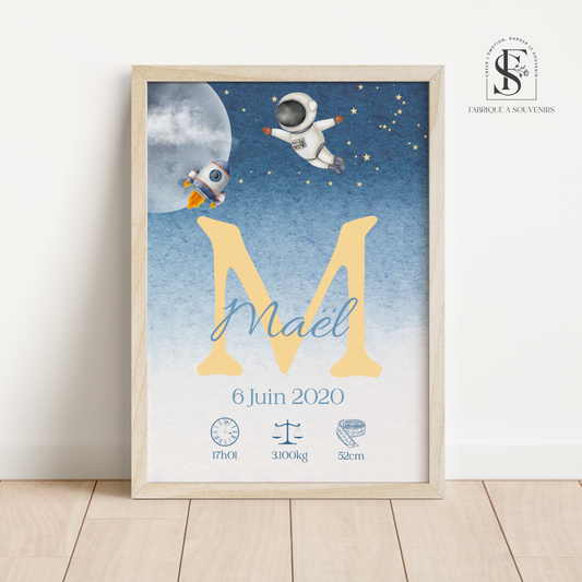 Affiche de naissance personnalisée astronaute pour bébé – Décoration chambre enfant