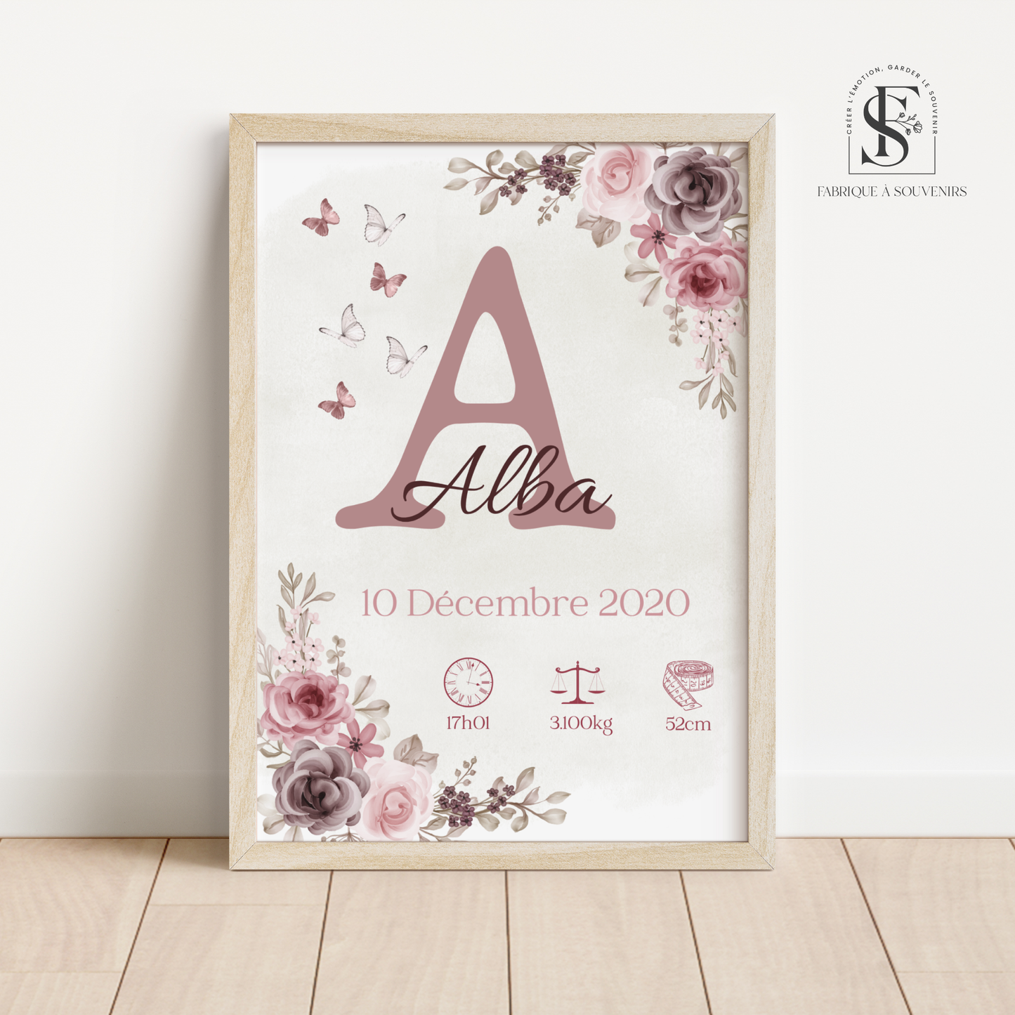 Affiche de naissance personnalisée fleurie avec initiale – Décoration chambre bébé