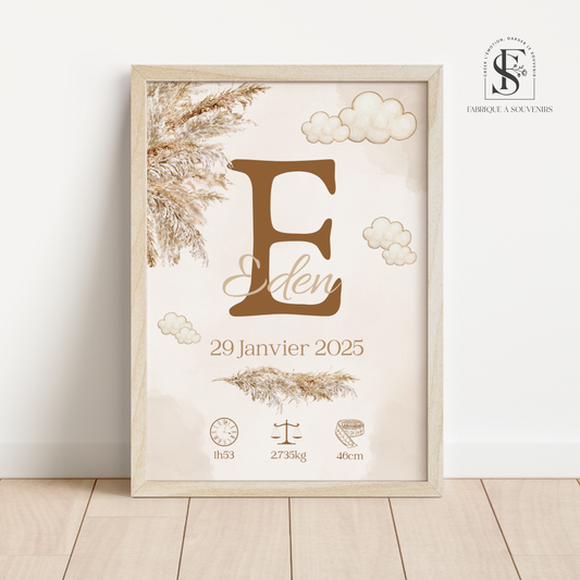 Affiche de naissance personnalisée pampa pour bébé – Décoration chambre enfant