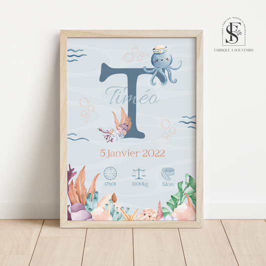 Affiche de naissance personnalisée sous la mer pour bébé – Décoration chambre enfant
