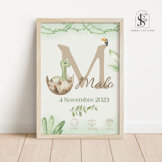 Affiche de naissance personnalisée dinosaure pour bébé – Décoration chambre enfant