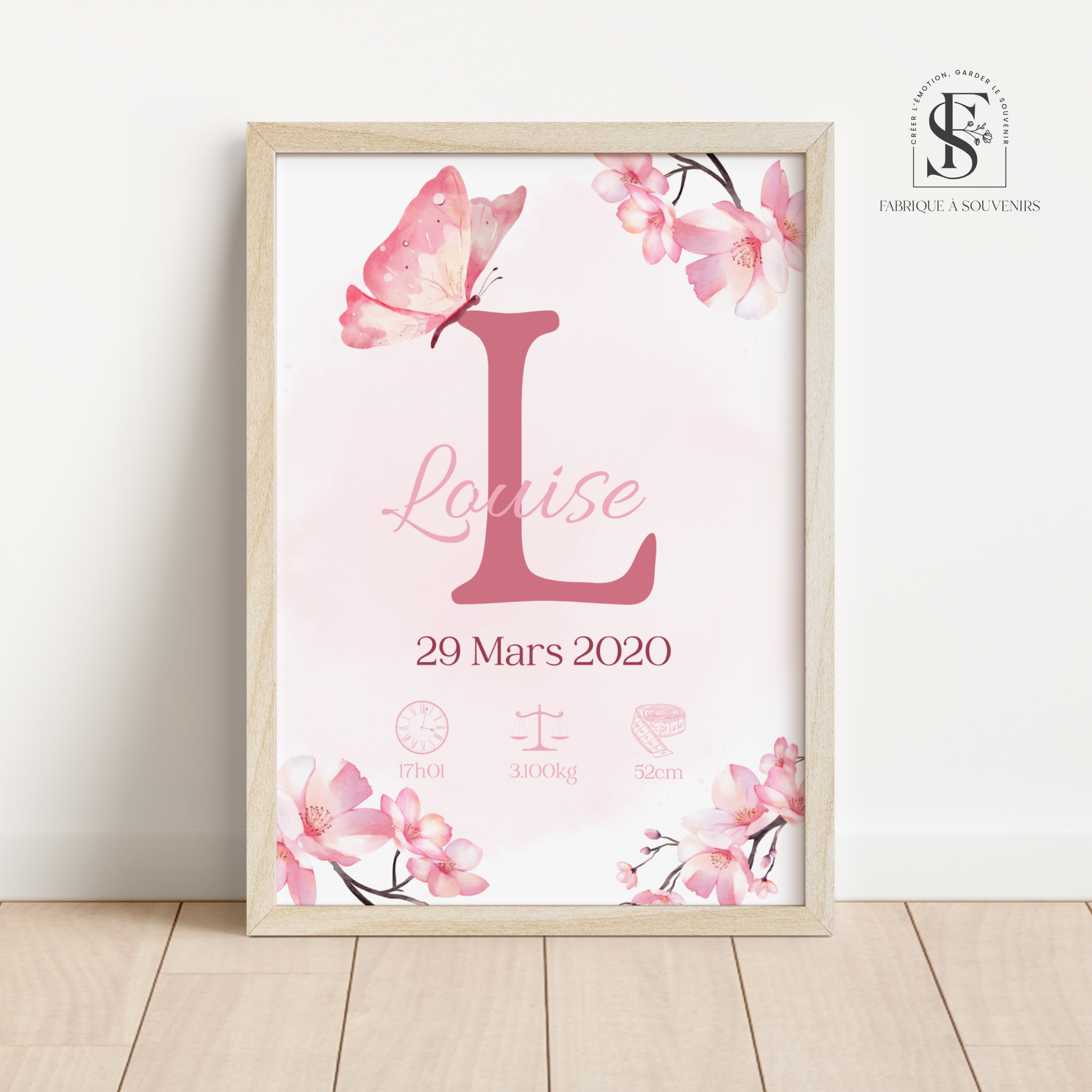 Affiche de naissance personnalisée papillon pour bébé – Décoration chambre enfant