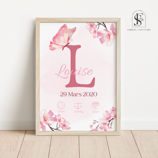 Affiche de naissance personnalisée papillon pour bébé – Décoration chambre enfant