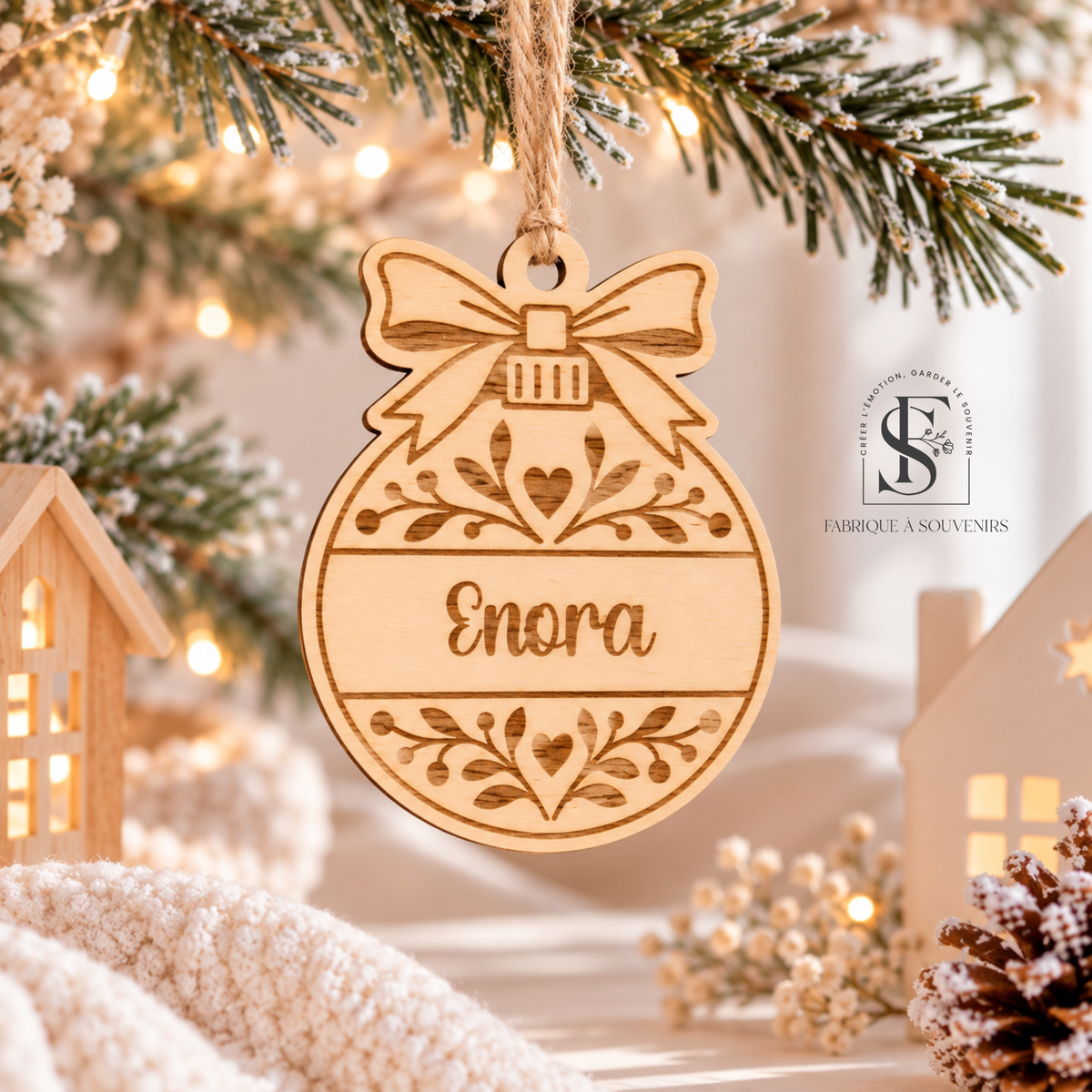 Boule de Noël personnalisée en bois avec le prénom Enora gravé, ornée d'un joli nœud, de petits cœurs et de motifs végétaux, suspendue à une branche de sapin de Noël.