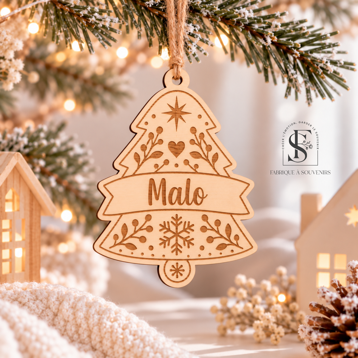 Suspension de Noël personnalisée en bois en forme de sapin avec le prénom Malo gravé, décorée d'une étoile, d'un flocon de neige, de petits cœurs et de motifs végétaux, suspendue à une branche de sapin de Noël.