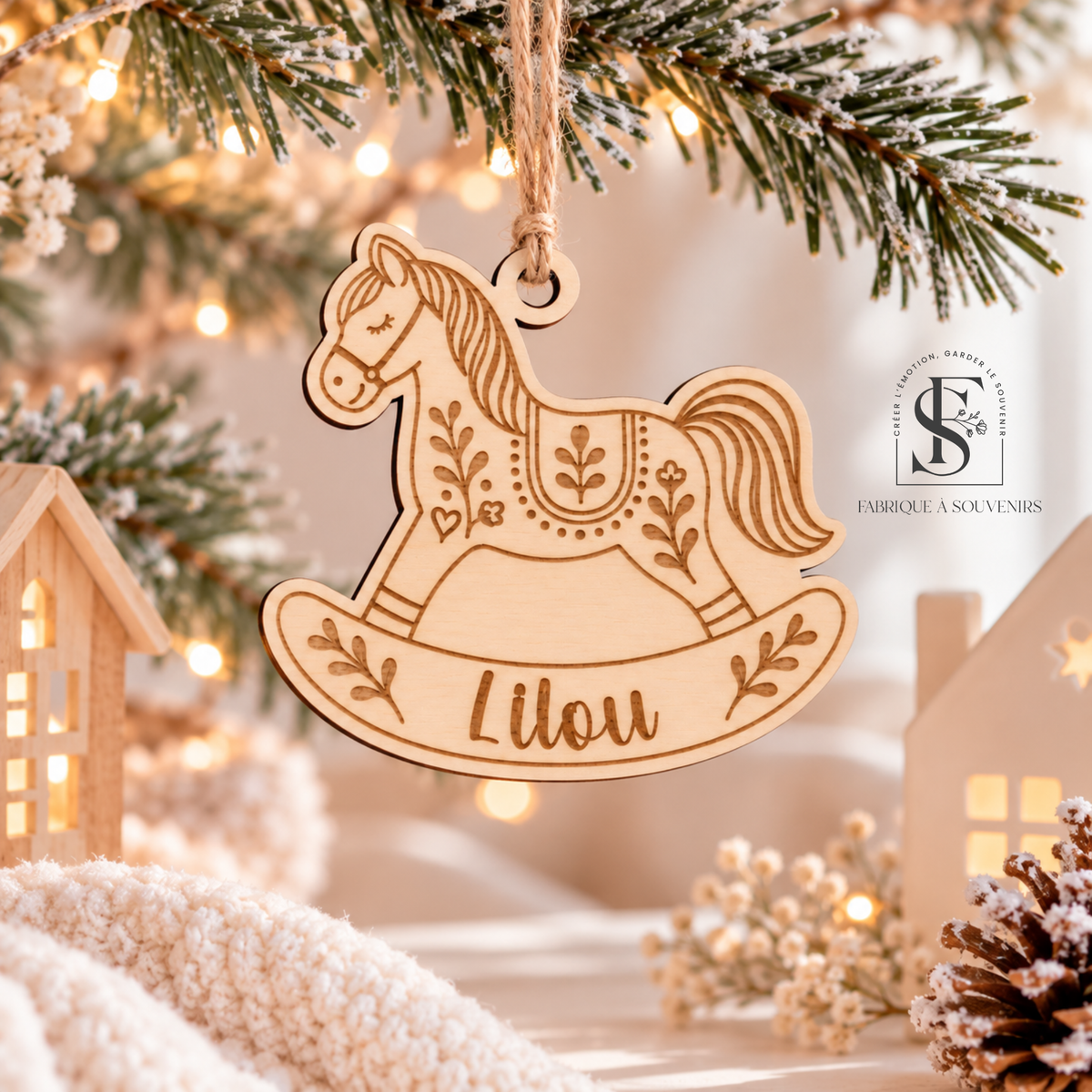 Suspension de Noël personnalisée en bois en forme de cheval à bascule avec le prénom Lilou gravé, décorée de motifs végétaux et de petits cœurs, suspendue à une branche de sapin de Noël.