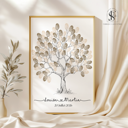 Affiche arbre à empreintes mariage personnalisée avec prénoms des mariés et date. Empreintes beige et marron
