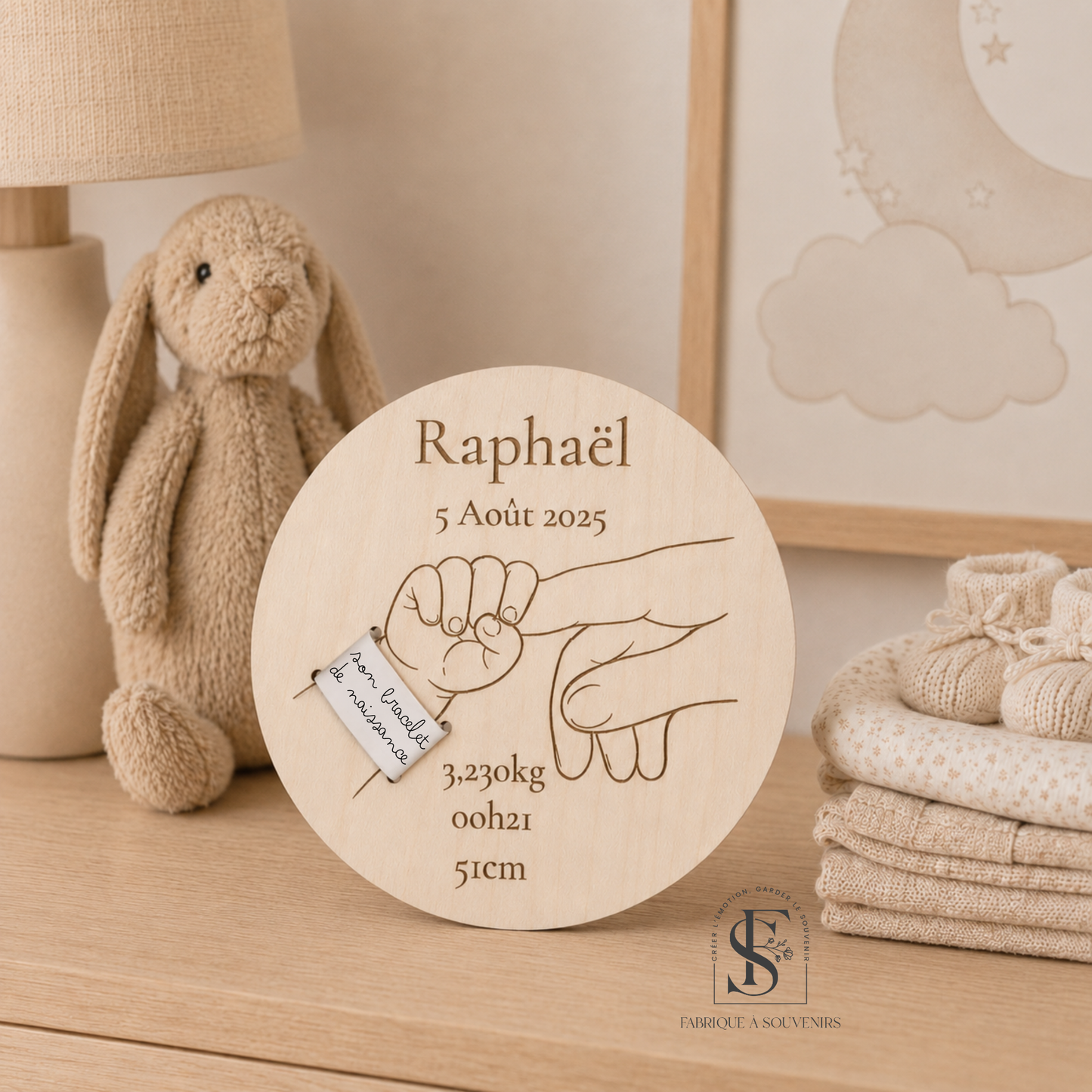 Plaque en bois personnalisée pour bracelet de naissance bébé avec prénom et informations de naissance