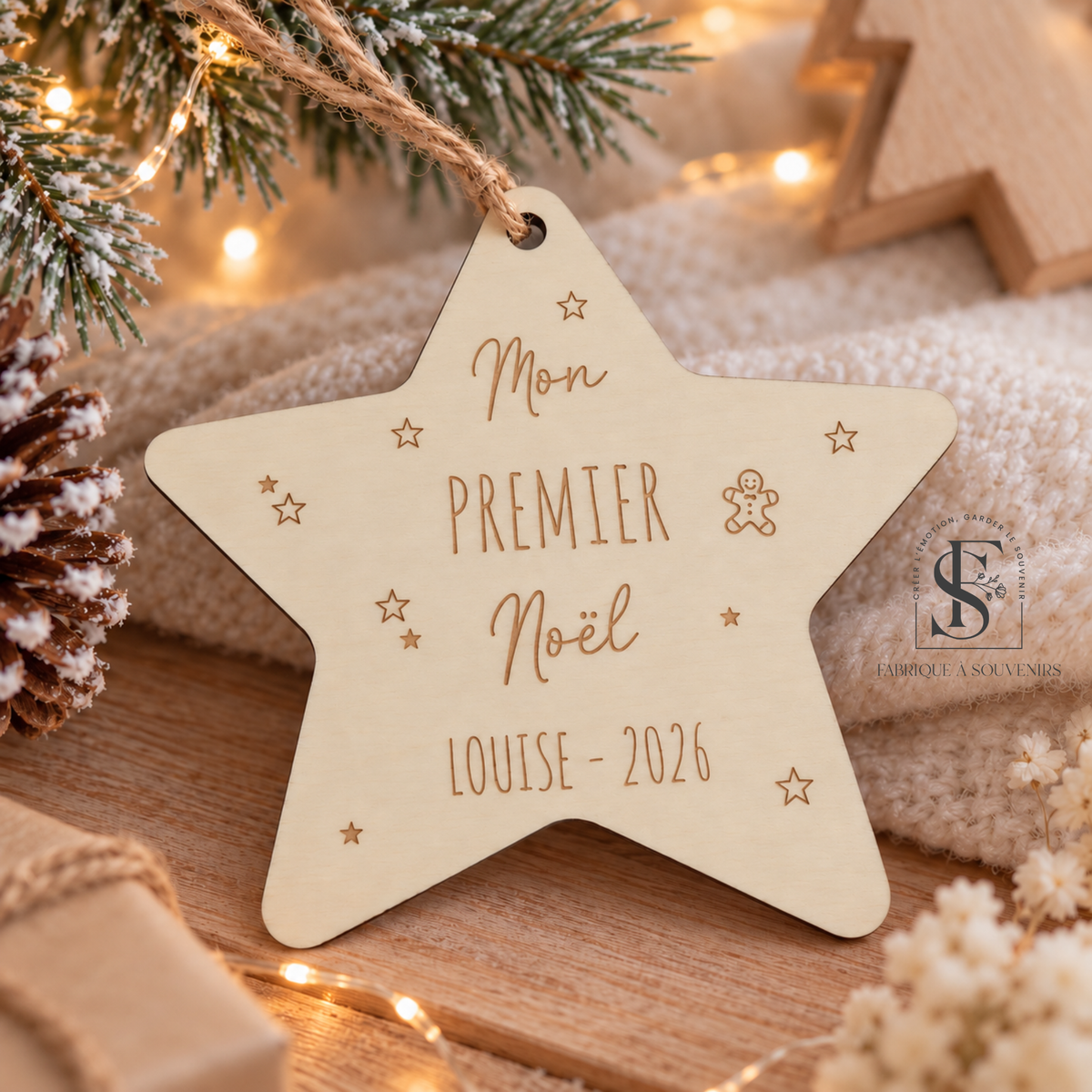 Suspension Mon premier Noël en bois en forme d'étoile, personnalisée avec le prénom Louise et l'année 2026, décorée de petites étoiles et d'un bonhomme en pain d'épices.