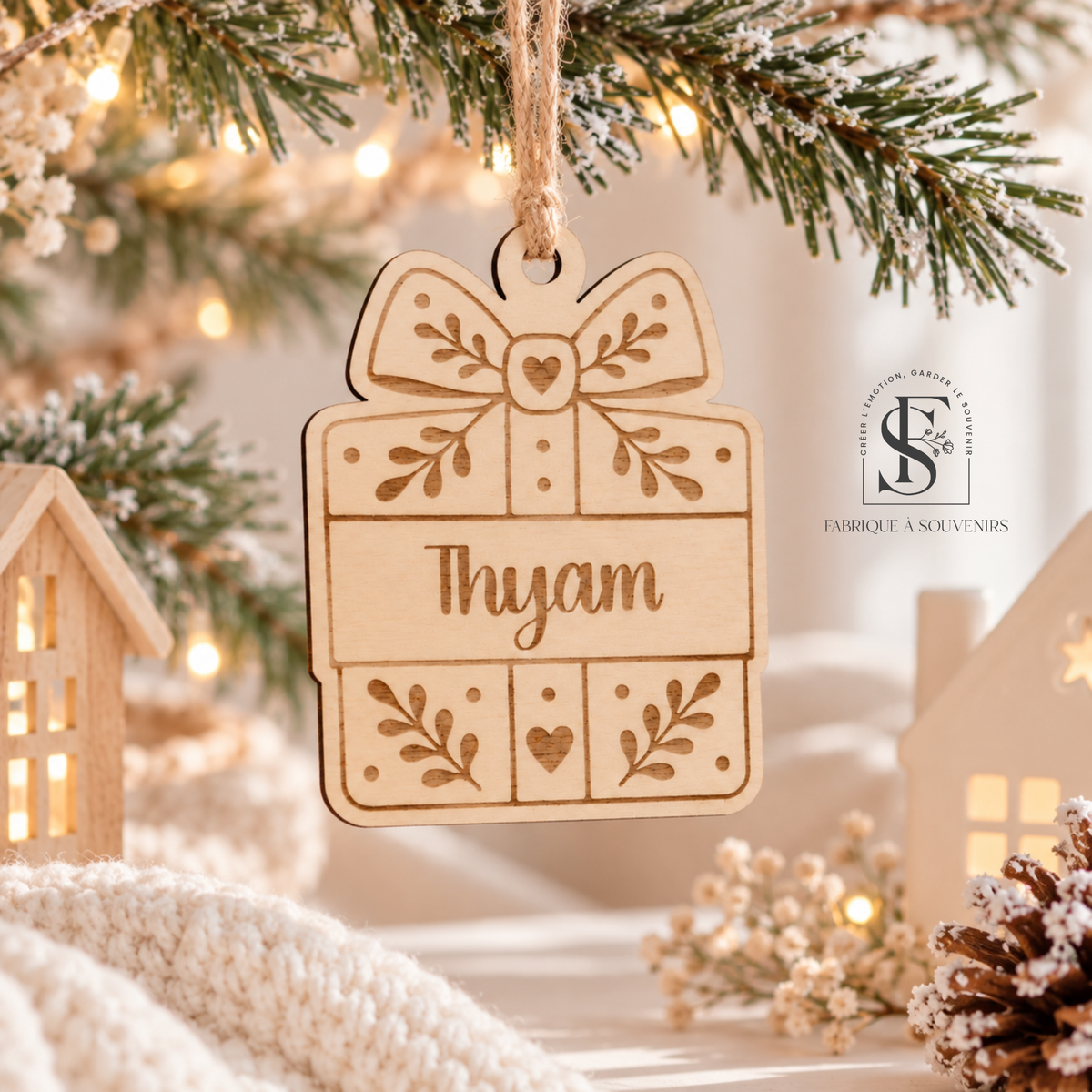 Suspension de Noël personnalisée en bois en forme de cadeau avec prénom Thyam gravé, suspendue à une branche de sapin dans un décor de Noël chaleureux.