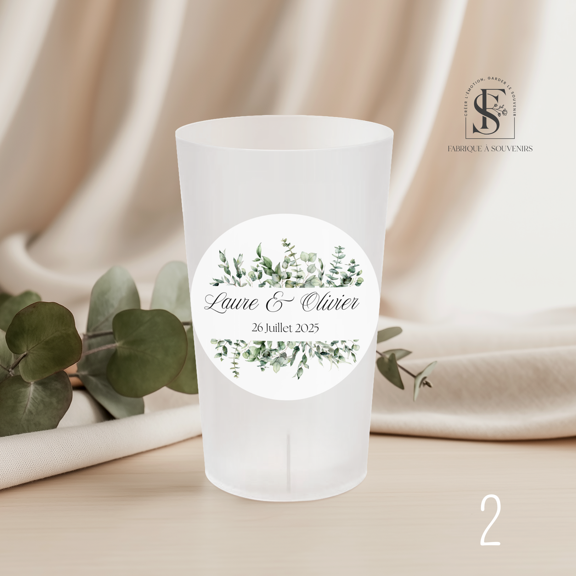 Gobelet Ecocup personnalisé – modèle 2 – prénoms et date personnalisables eucalyptus