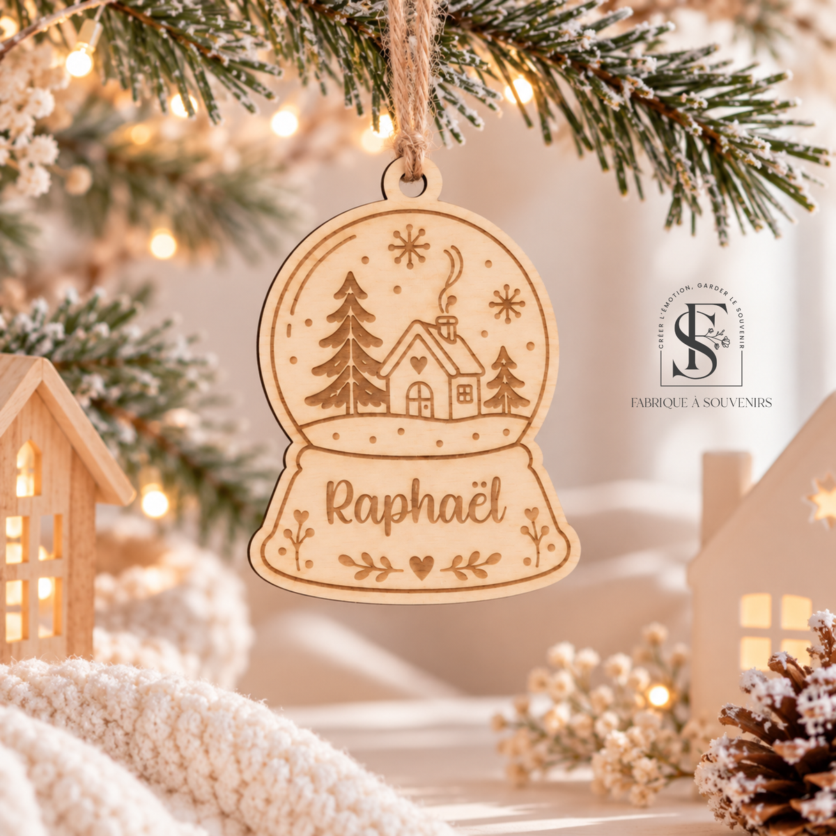 Suspension de Noël personnalisée en bois en forme de boule à neige avec le prénom Raphaël gravé, représentant une maison enneigée entourée de sapins et de flocons, suspendue à une branche de sapin de Noël.
