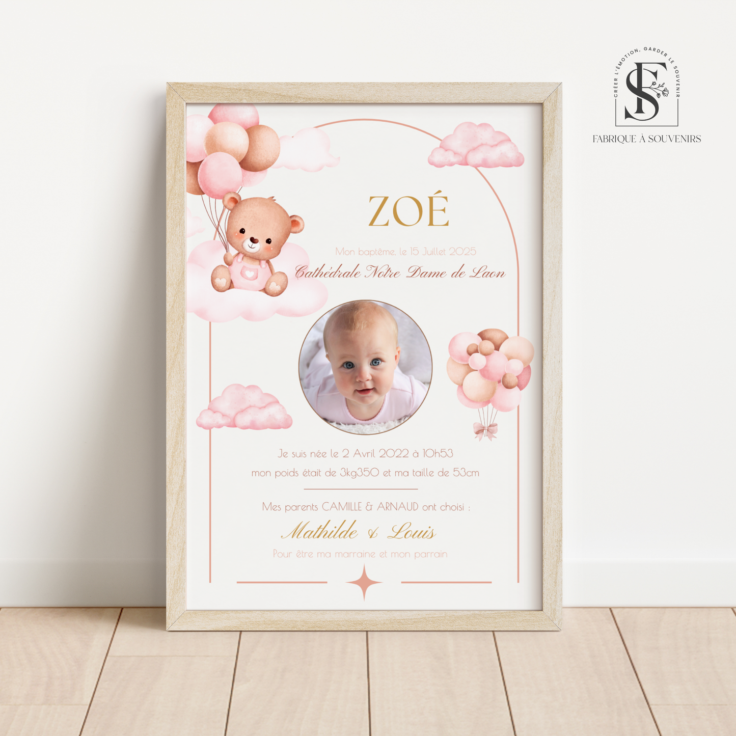 Affiche Baptême "Ourson Girly"