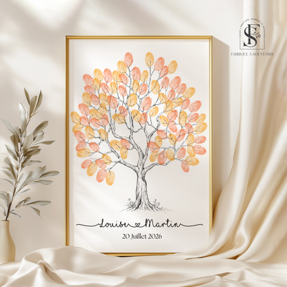 Affiche arbre à empreintes mariage personnalisée avec prénoms des mariés et date. Empreintes orange