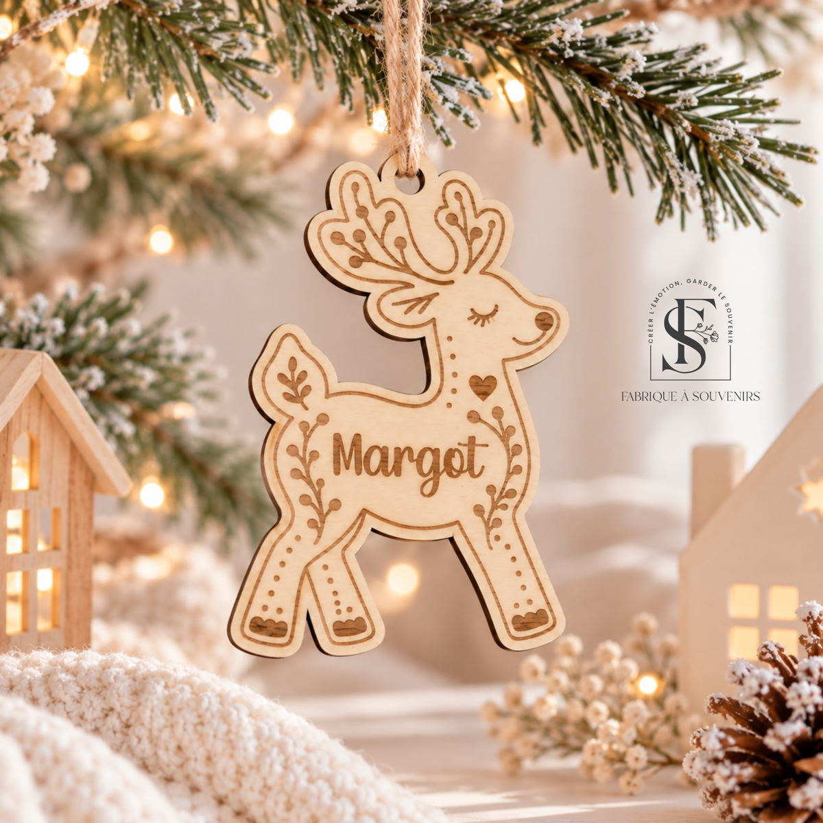 Suspension de Noël en bois en forme de renne personnalisée avec le prénom Margot, ornée de motifs végétaux gravés et suspendue à une branche de sapin de Noël.