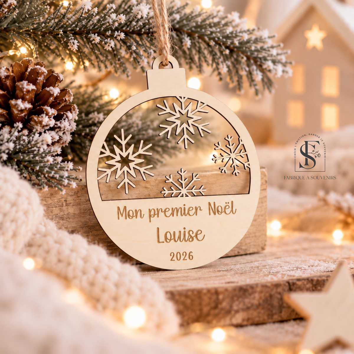 Suspension Mon premier Noël en bois personnalisée avec le prénom Louise et l'année 2026, décorée de flocons de neige ajourés et suspendue dans un sapin de Noël.