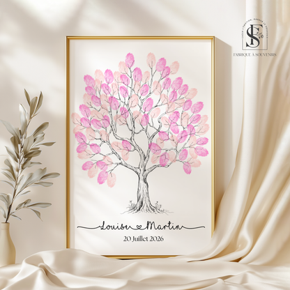Affiche arbre à empreintes mariage personnalisée avec prénoms des mariés et date. Empreintes rose