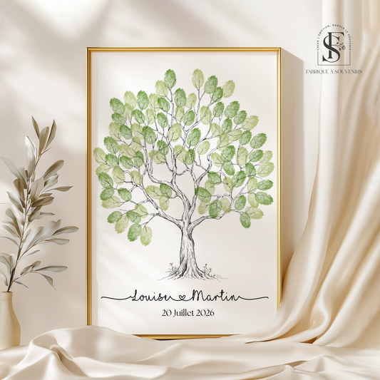 Affiche arbre à empreintes mariage personnalisée avec prénoms des mariés et date. Empreintes verte