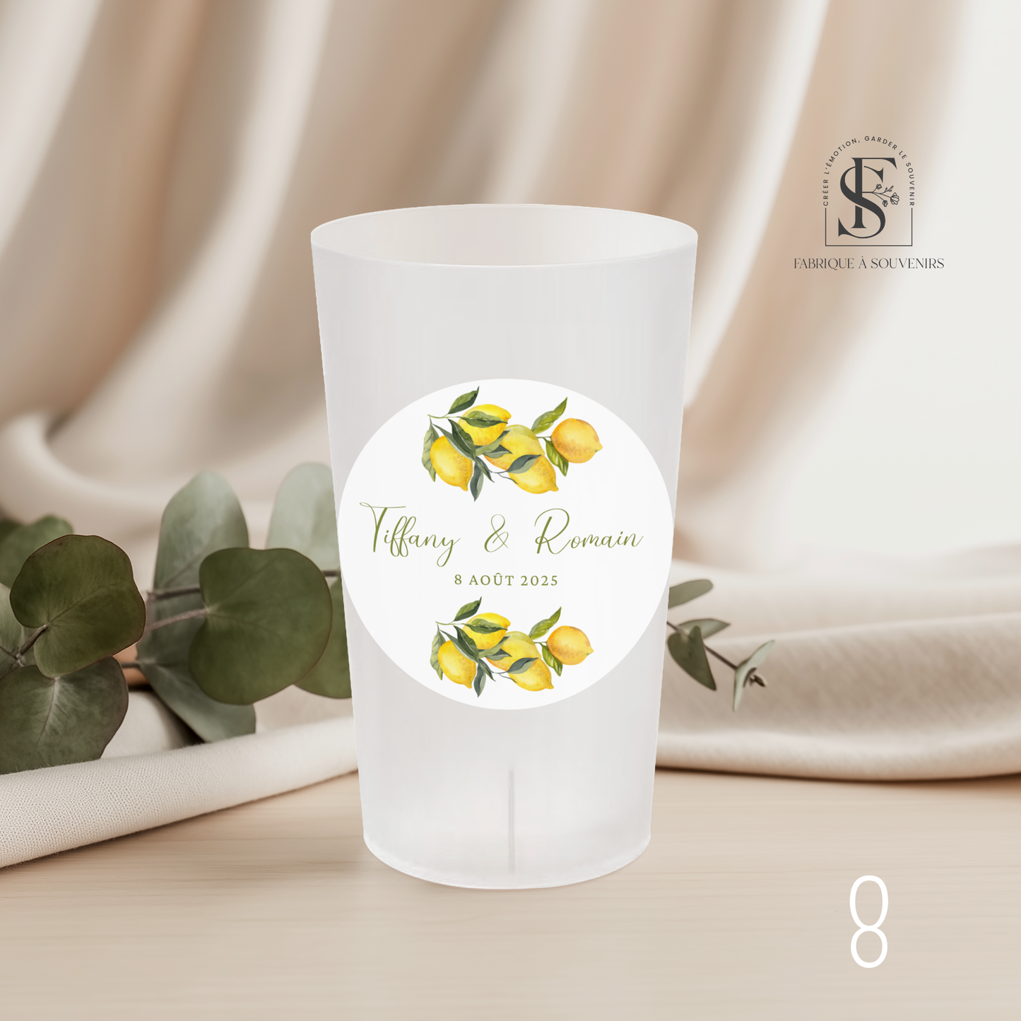 Gobelet Ecocup personnalisé – modèle 8 – prénoms et date personnalisables avec illustration de citrons
