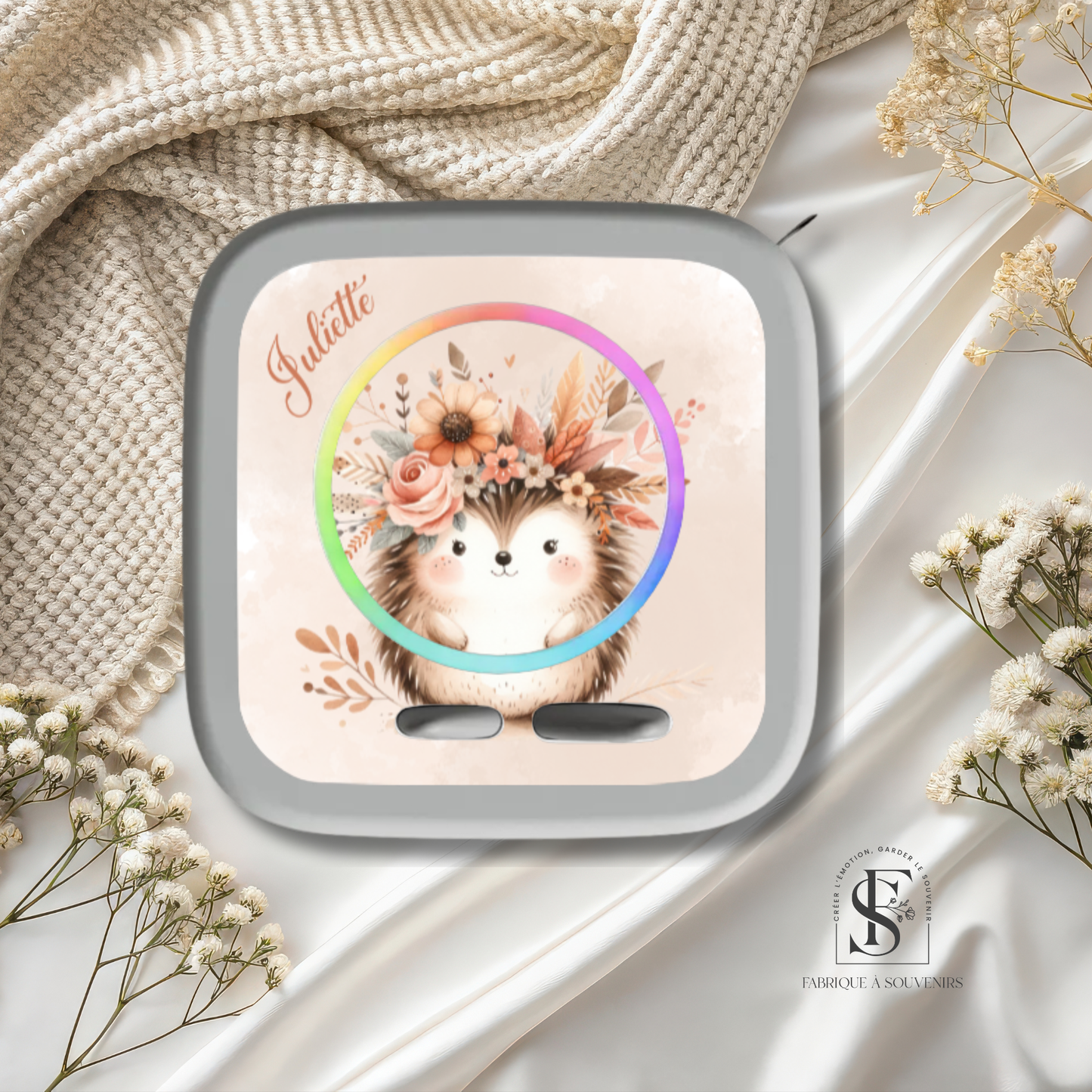 Sticker Toniebox 2 personnalisé hérisson fleuri avec prénom – Autocollant décoratif enfant