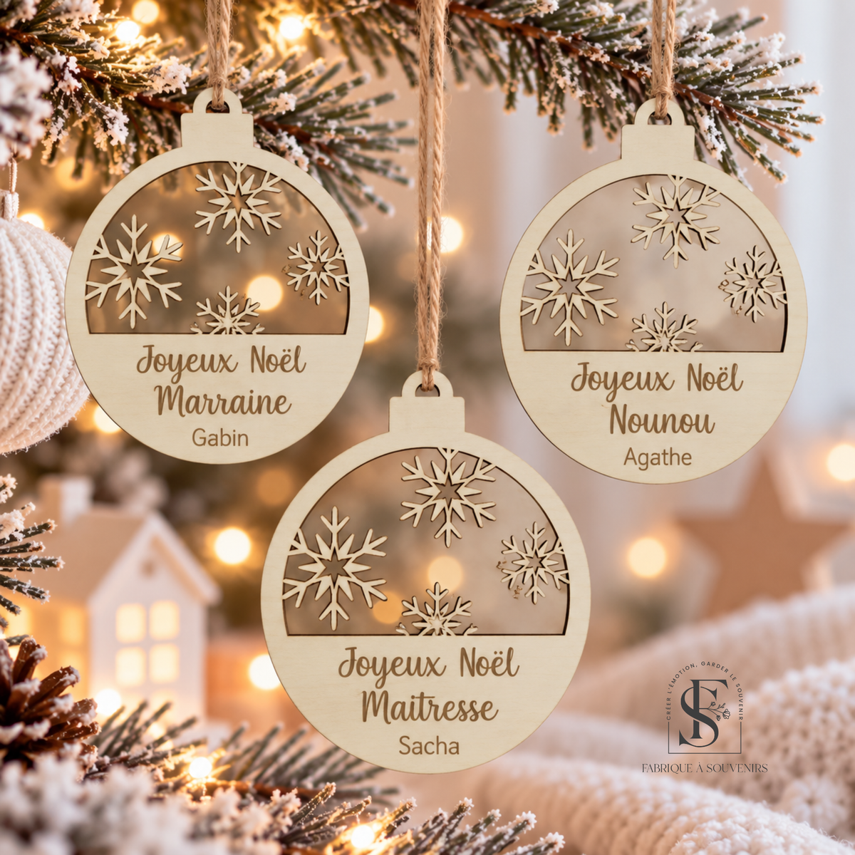 Suspension de Noël personnalisée en bois avec inscription Joyeux Noël Maîtresse et prénom Sacha, décorée de flocons de neige ajourés et suspendue dans un sapin