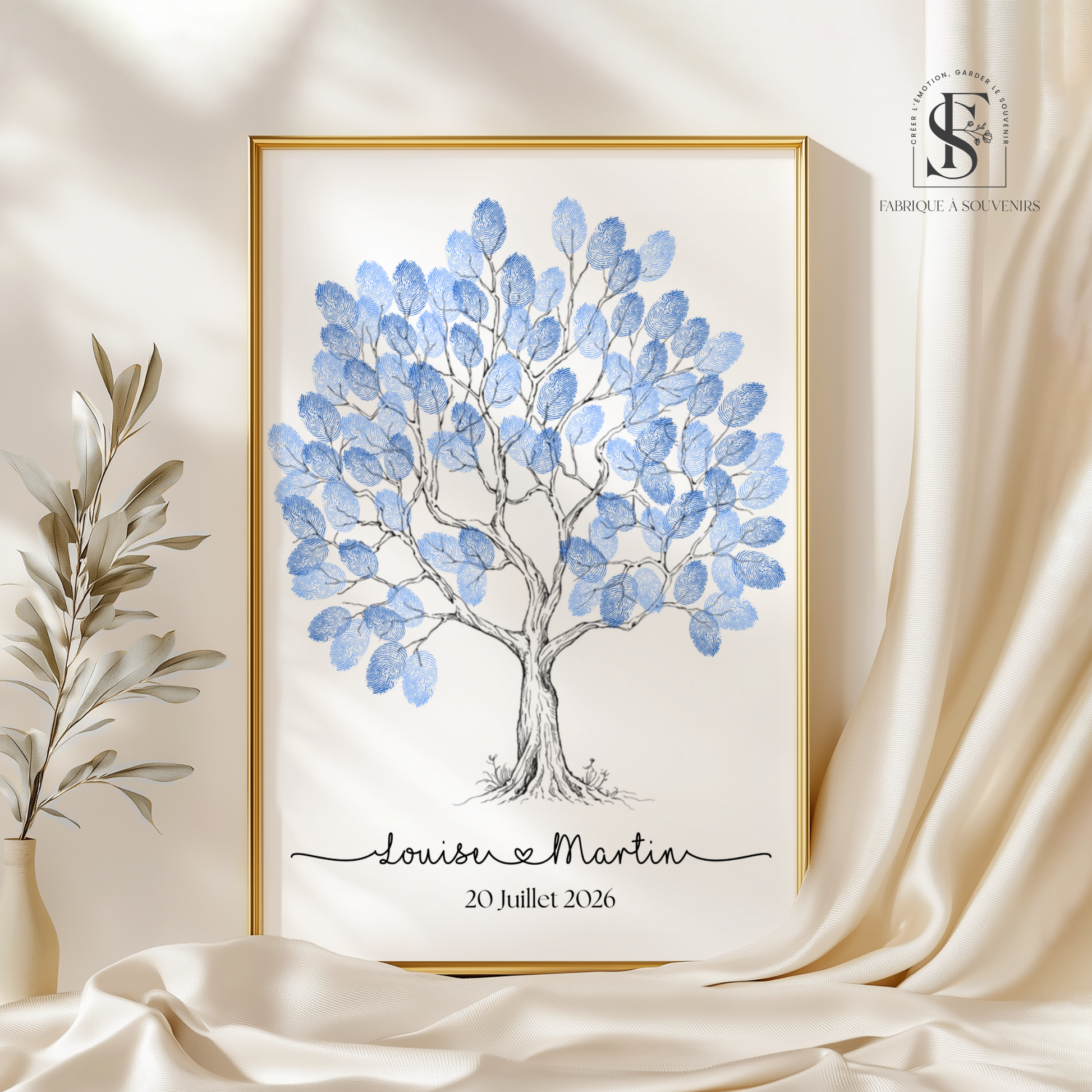 Affiche arbre à empreintes mariage personnalisée avec prénoms des mariés et date. Empreintes bleu