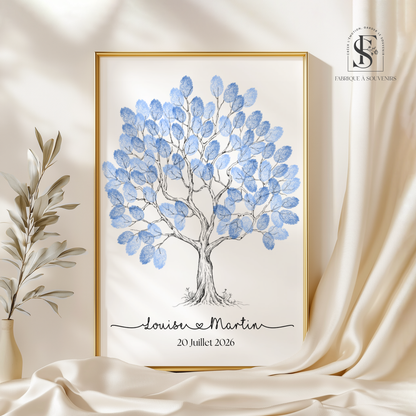 Affiche arbre à empreintes mariage personnalisée avec prénoms des mariés et date. Empreintes bleu