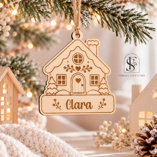Suspension de Noël personnalisée en bois en forme de maison enneigée avec le prénom Clara gravé, décorée de petits sapins et de cœurs, suspendue à une branche de sapin de Noël.